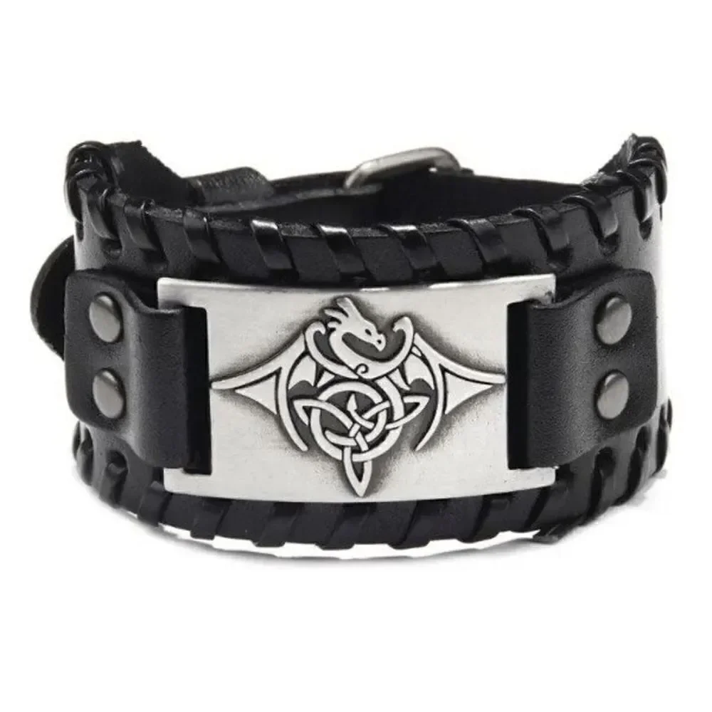 Viking Punk Gothic Black Leather Cuff Bracelet Wristband with Nordic Amulet